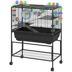 3 Tier Hamster Cage, Rolling Rat Cage With Deep Tray, Storage Shelf, Big Exercise Wheel, Hut, Tube System (Color: Black)