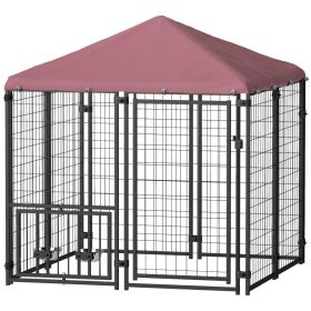 Welded Wire Outdoor Dog Kennel With 360 Rotating & 4 Levels Adjustable Bowls, Waterproof Cover, 4.6 X 4.6 X 5 (Color: Black)